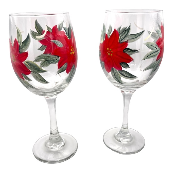 Set of 2 Hand-Painted Poinsettia Water Goblets, 9" Tall x 3.25" wide - Picture 2 of 4